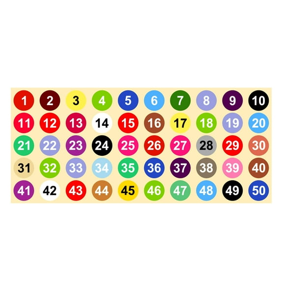 1 to 50 Number Stickers 1 Inch, Vinyl Round Labels for Inventory, Multicolor