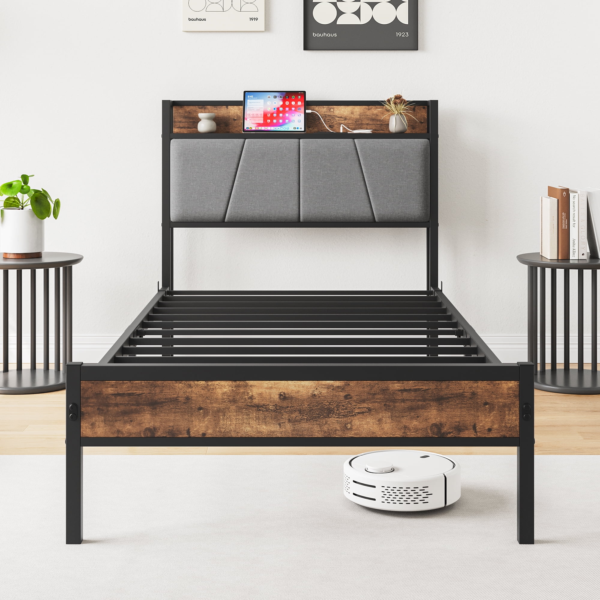 Miniyam Twin Size Upholstered Bed with Storage Headboard & Charging Station for Adult, Brown