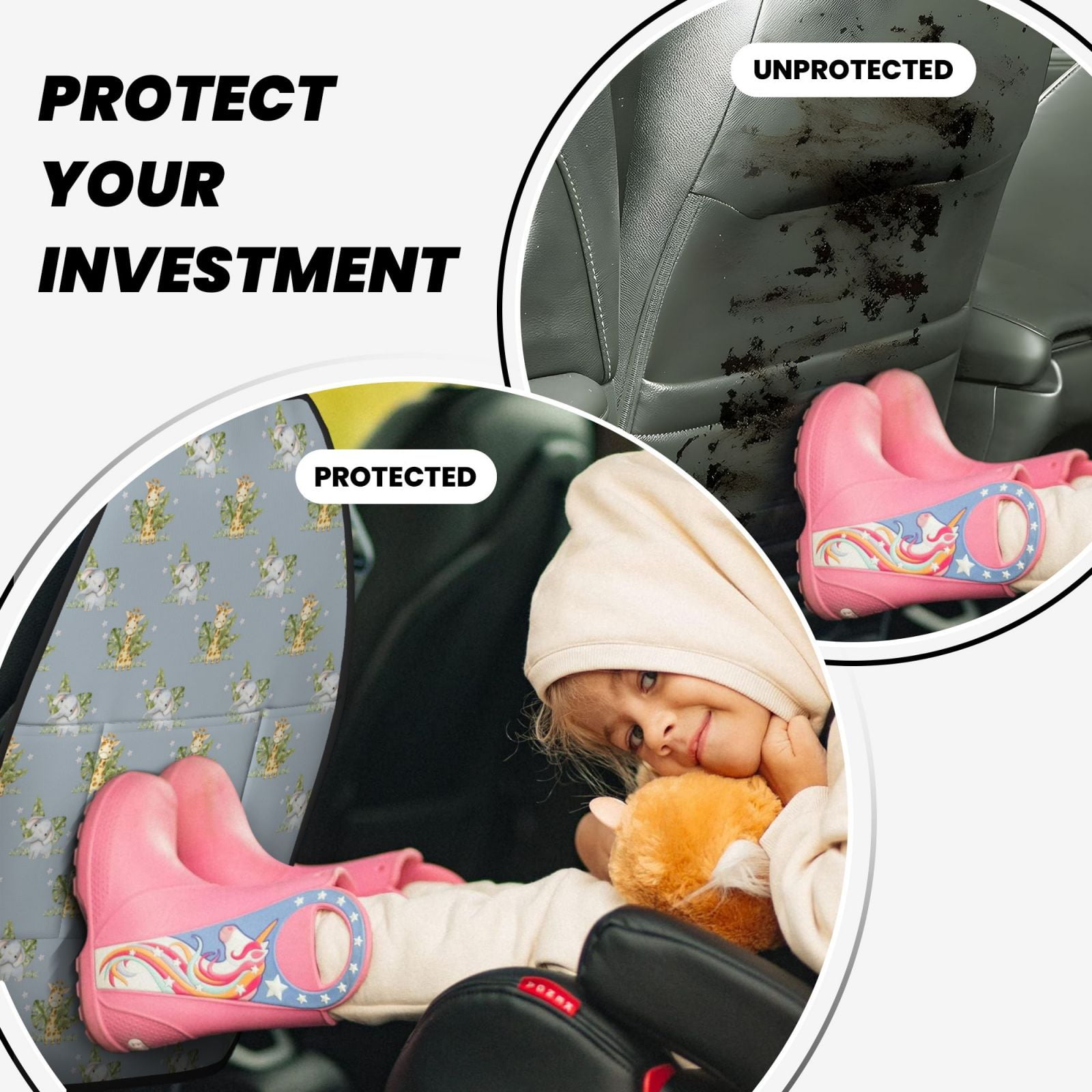 Kdxio Baby Elephant Giraffe Print 2 Pack Car Kick Mat Seat Cover Back Protector Mat with Pockets for Organizer Backseat Protector and Storage Anti Kick Pad for Vehicles