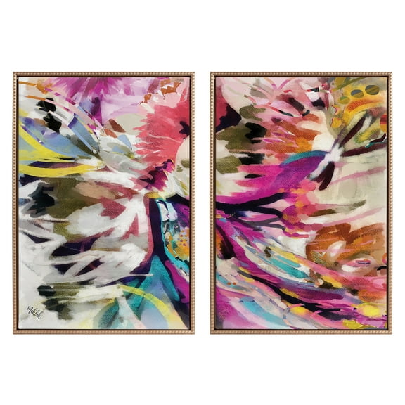 Kate and Laurel Sylvie Beaded Amaze Left and Right Vintage Framed Canvas Wall Art Set by Inkheart Designs, 2 Piece Set 23x33 Gold, Colorful Abstract Floral Art for Wall