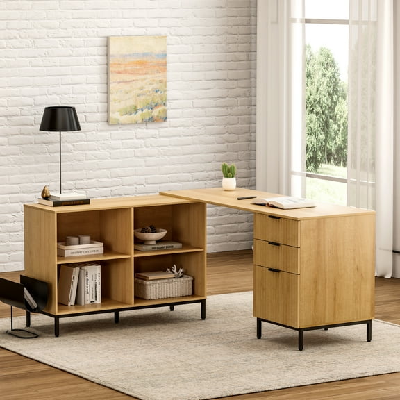 Joyyskill 60" Fluted Executive Desk L Shaped, Computer Desk with Movable Storage Cabinet Home Office Desk with 3 Drawers Metal Legs Corner Desk for Gaming Study, Natural Oak