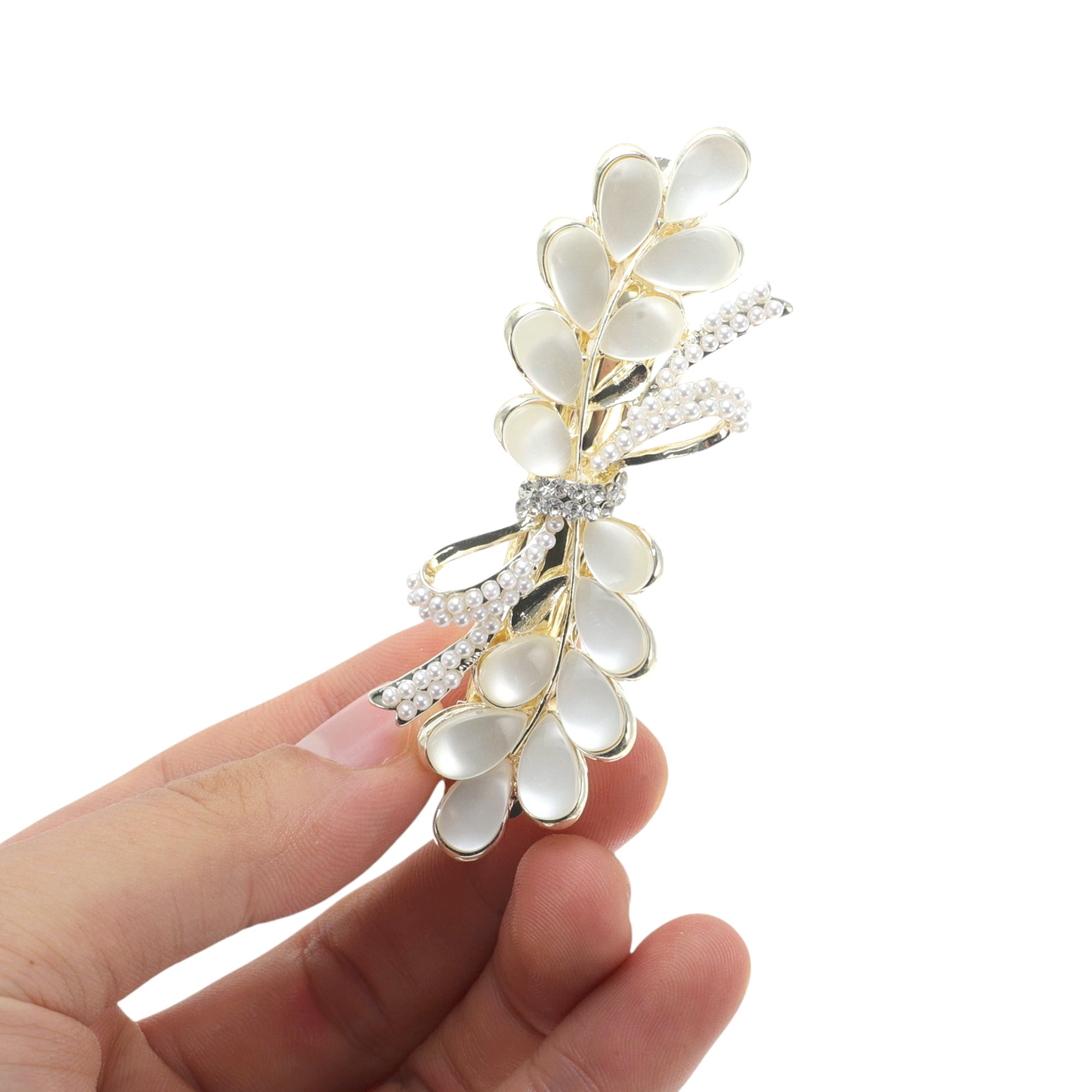 Unique Bargains Wisteria Flower French Barrette Hair Clips Gold Tone White