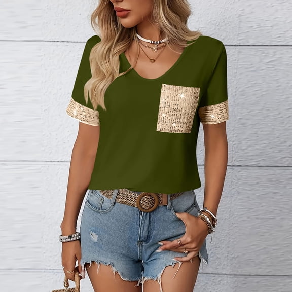 OSFVNOXV Womens Summer Tops with Patchwork Sequin Pockets,Juniors Y2K Casual Sparkly V-Neck Athletic T-Shirts 2026