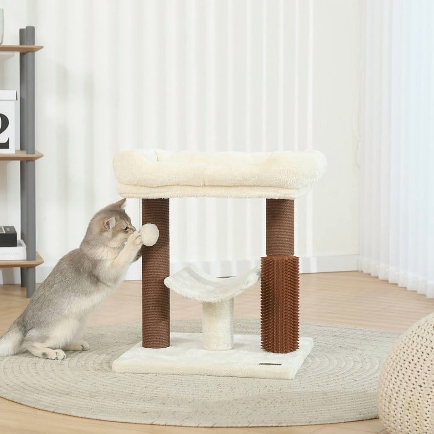 Hoopet 20" Cat Tree Tower, Scratching Post for Indoor Cats with Cozy Perch, Self Groomer & Interactive Ball,Beige