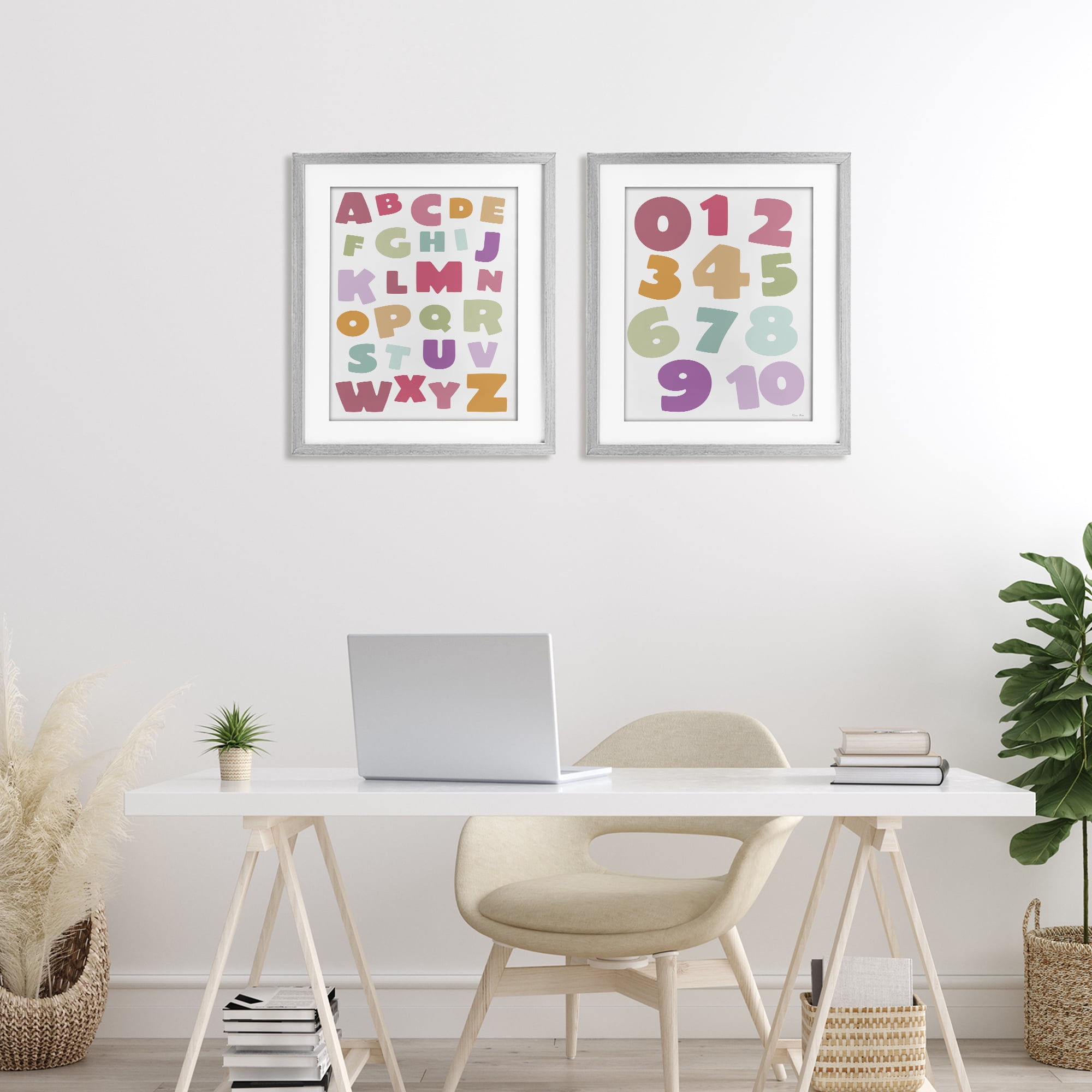 Stupell Industries Muted Letters & Numbers Educational 2 Piece Gray Framed Print Under Glass Set, design by Susan Ball