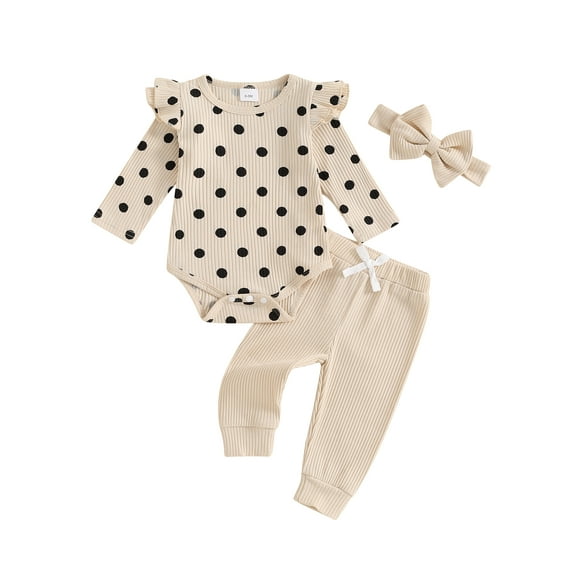Baby Toddler Girls Fall Outfit, 0 3 6 9 12 18 Months Long Sleeve Dots Print Romper with Pants and Bowknot Headband Clothing Set