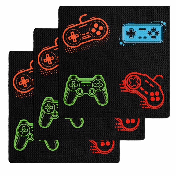 Game Controller Dish Towels Set, Waffle Weave Kitchen Towels 3 Pieces, Modern Art Gaming Handheld Black Microfiber Hair Face Bath Tea Towel Absorbent Quick Drying Cleaning Dish Cloths 12"x12"