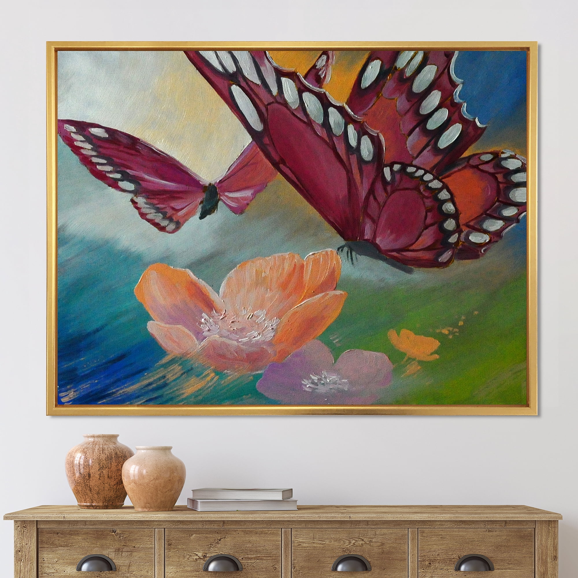 Designart 'Butterflies On Pink Flowers' Traditional Framed Canvas Wall Art Print