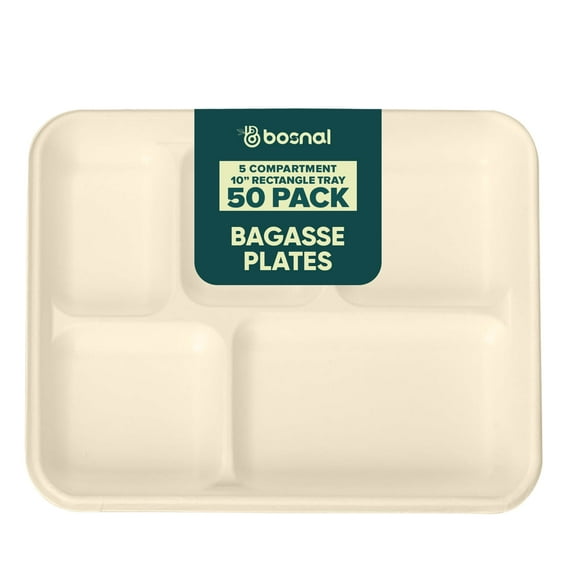 BOSNAL 5 Compartment Bagasse Tray (50 Pack) – Compostable, Biodegradable & Eco-Friendly Disposable Meal Trays for Catering, Parties & Events