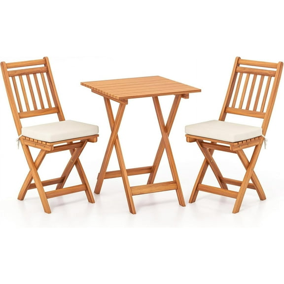 RELAX4LIFE 3-Piece Patio Bistro Set Acacia Wood, Folding Outdoor Table and Chairs for 2 w/Seat Cushions, Armless Conversation Dining Furniture for Garden Porch Balcony, Wooden Patio Furniture Set