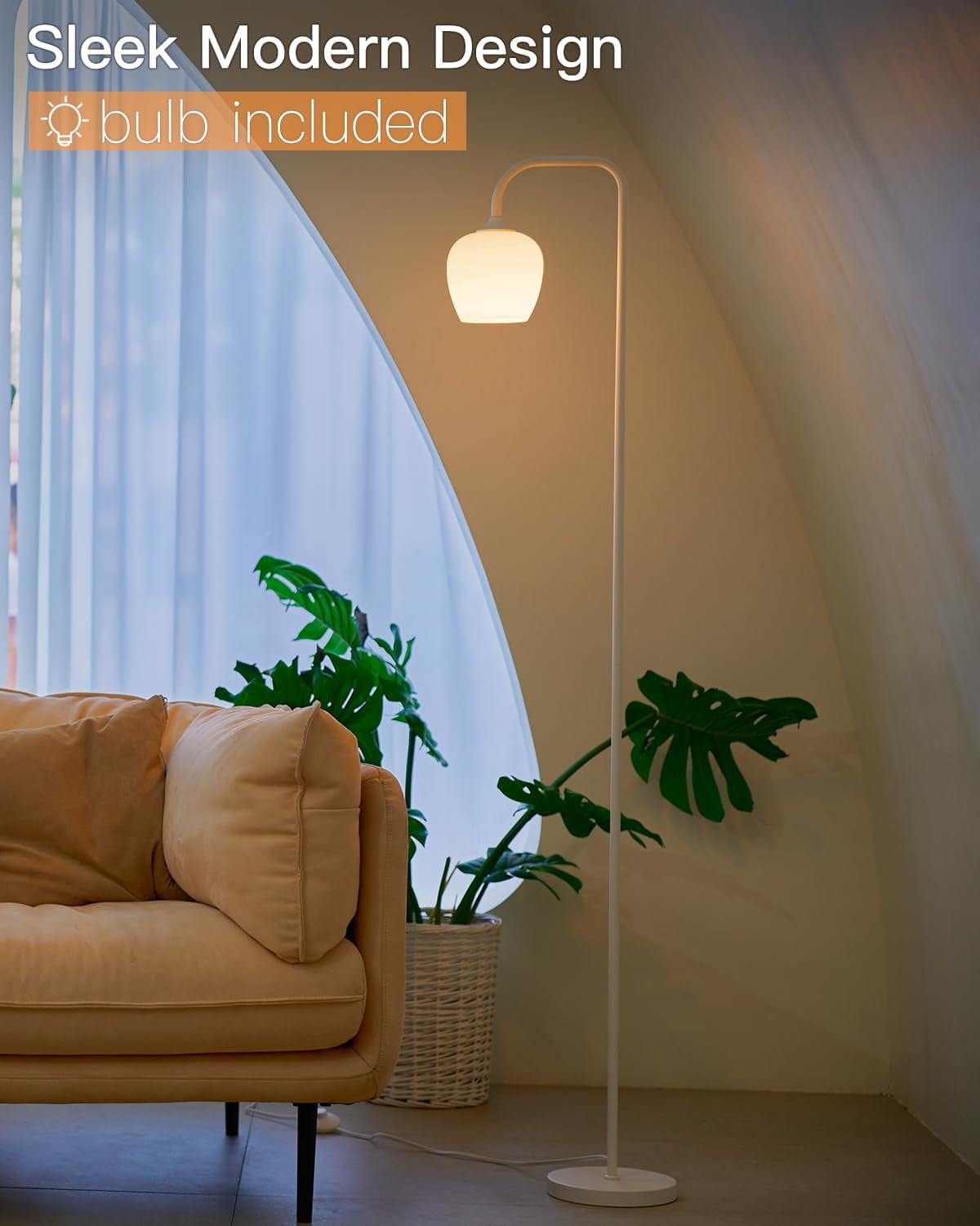 ONEWISH 65" Floor Lamp for Living Room, Modern Standing Lamp with Opal Glass Lamp Shade, Safe Tall Floor Lamp with LED Bulb and Foot Switch for Bedroom(White)