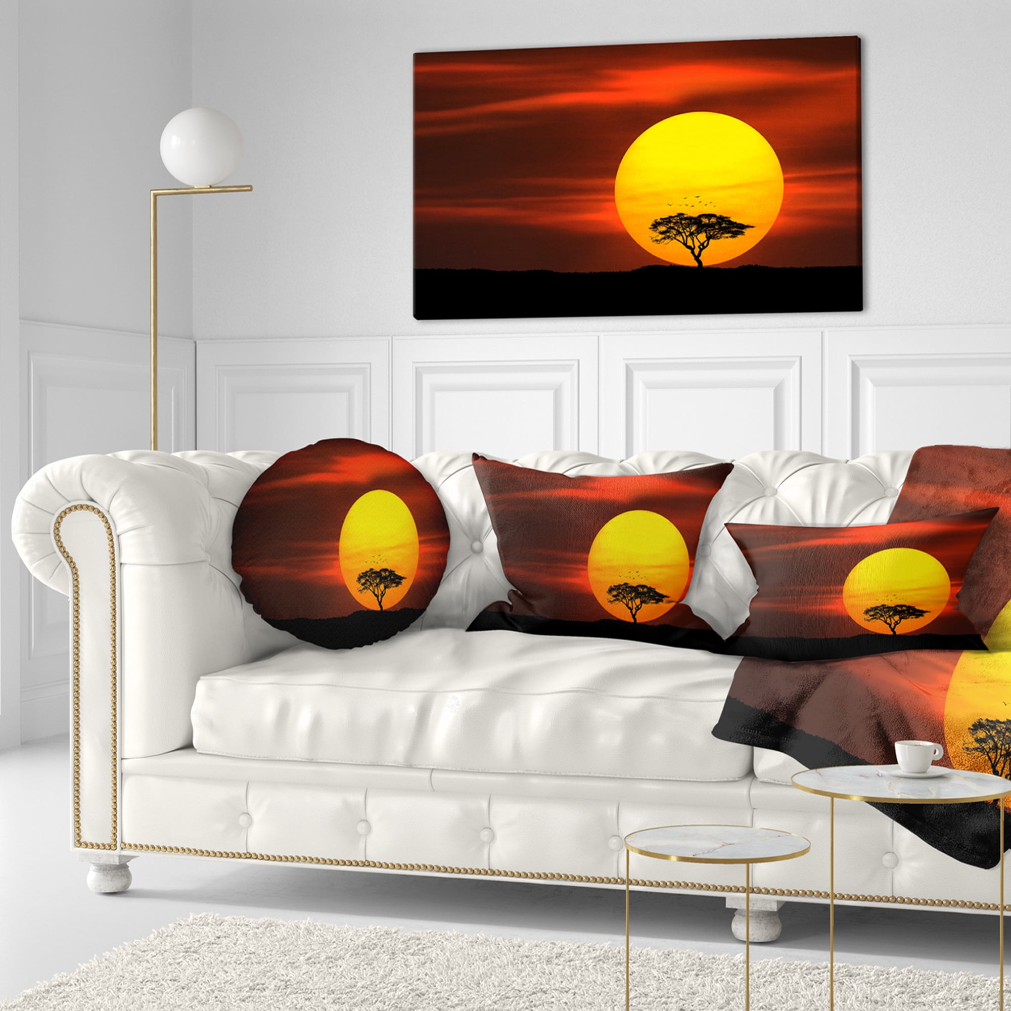 Designart Lonely Tree with Birds at Sunset - Landscape Printed Throw Pillow - 12x20