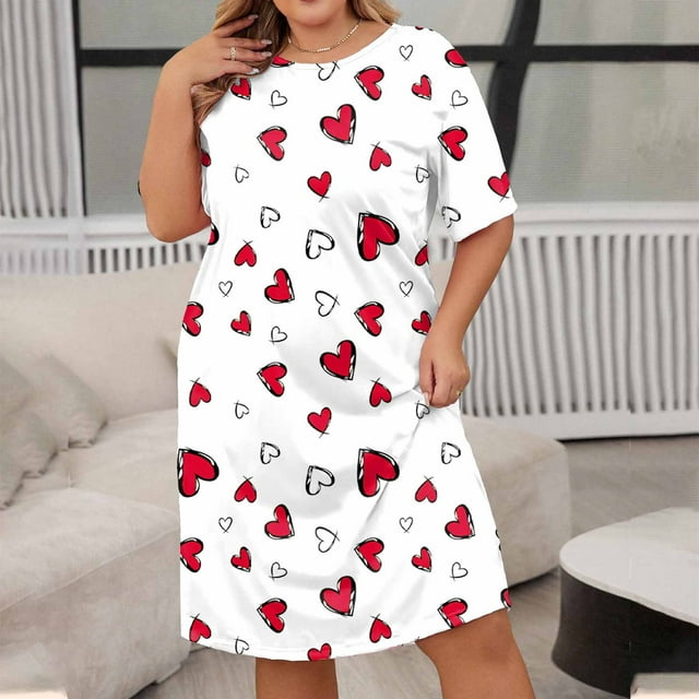 Chemises de Nuit pour Femmes Grande Taille Robe de Nuit Décontractée pour Femmes Grande Taille Imprimé Cœur Manches Courtes Col Rond Extensibilité Moyenne Nuisette Ample TG
