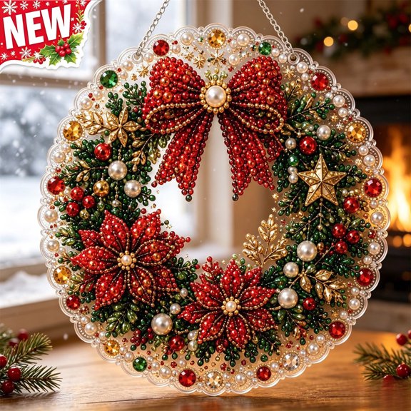 Tryvkinvive 7.87" Large DIY Pearl Bead Diamond Art Hanging Ornament Kit,Acrylic Christmas Window Hanging Mirror Gift for Home Wall Xmas Tree and Holiday Party Decoration