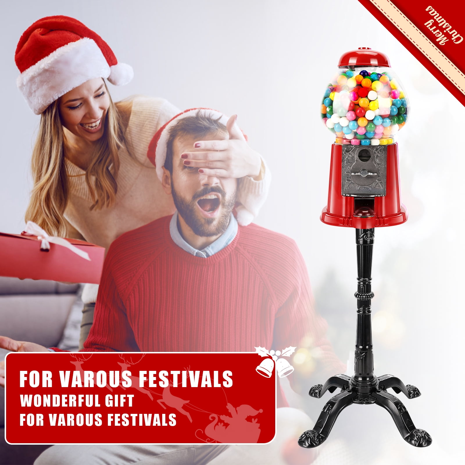 15 Inch Commercial Red Big Gumball Machine With Stand Key-Operated ,Uncharged Candy Dispenser Machine Bubble Gum Machine Coin Operated Metal Candy Machine Halloween Christmas Fun Party Gift