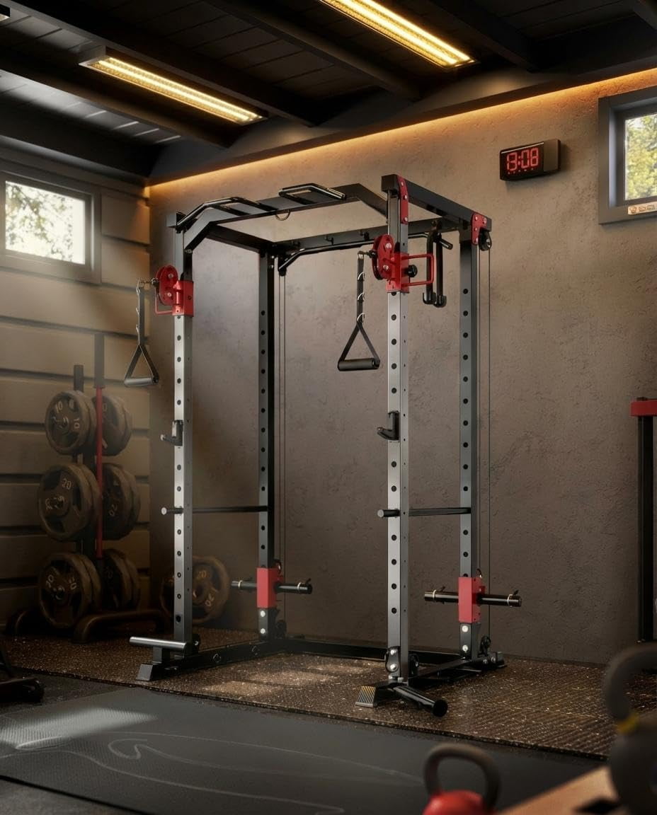 Memoryfield Multi-Functional Fitness Power Cage, 1200LBS Squat Rack with Dual Pulley for Complete Home Strength Workout, Red