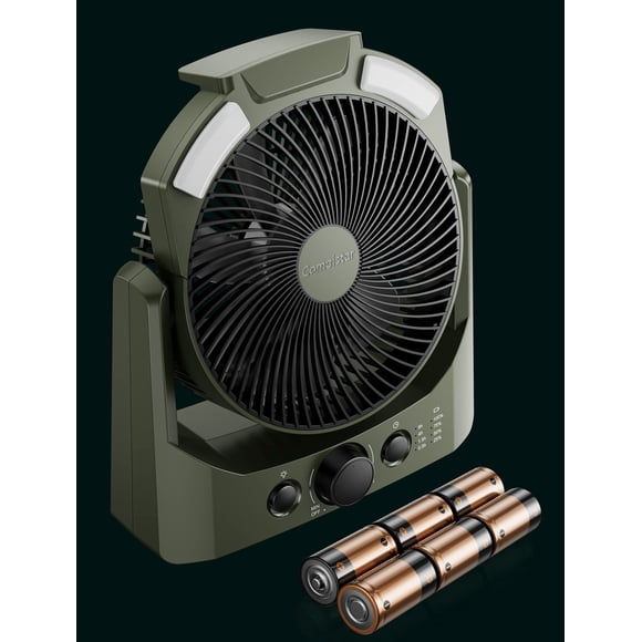 Ventilador de camping con pilas D, 8,5 pulgadas, ventilador de escritorio USB silencioso con linterna LED de 4 niveles, luz SOS, ventiladores de mesa portátiles para exteriores con temporizador, rotac