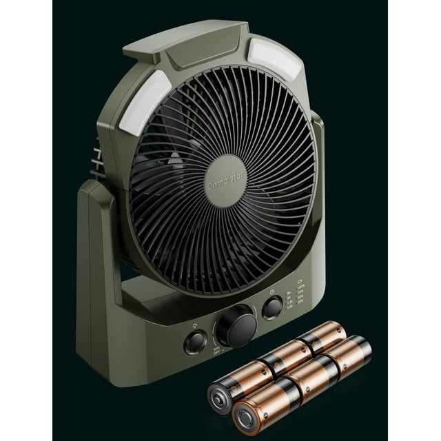 Ventilador de camping con pilas D, 8,5 pulgadas, ventilador de escritorio USB silencioso con linterna LED de 4 niveles, luz SOS, ventiladores de mesa portátiles para exteriores con temporizador, rotac