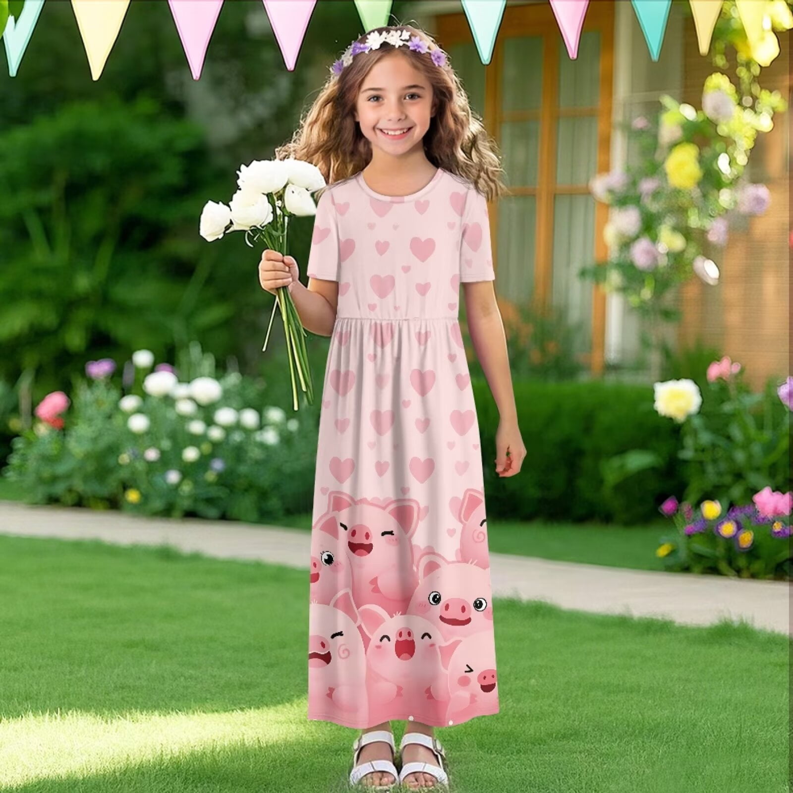 Uourmeti Girl's Short Sleeve Dress Cartoon Pig Hearts Print Round Neck Loose Casual Long Maxi Dress with Pockets Flowy Cute Outfits, Size 5-6 Years
