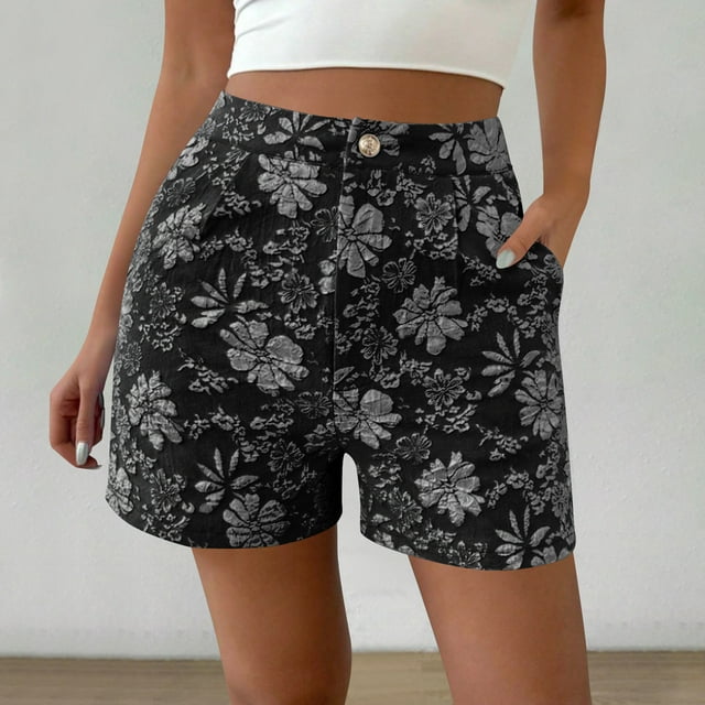 LOVZFMLL Short Droit Taille Haute Rétro Texturé Décontracté pour Femme Noir m