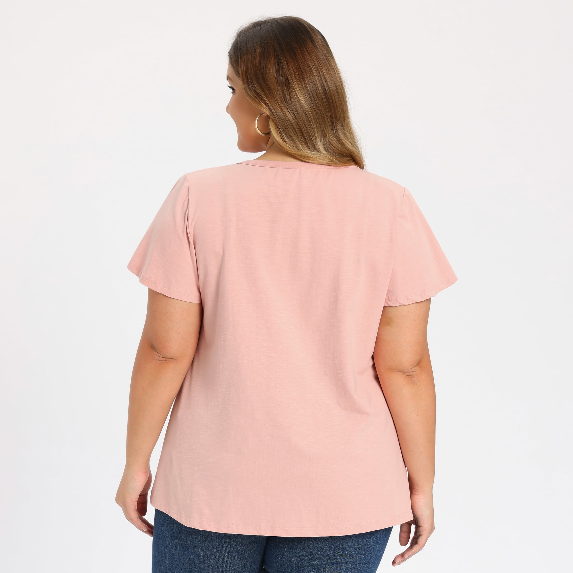 Women's Plus Women's Work Tops Button Notch Neck Ruffle Sleeve Casual Blouse 2X Pink