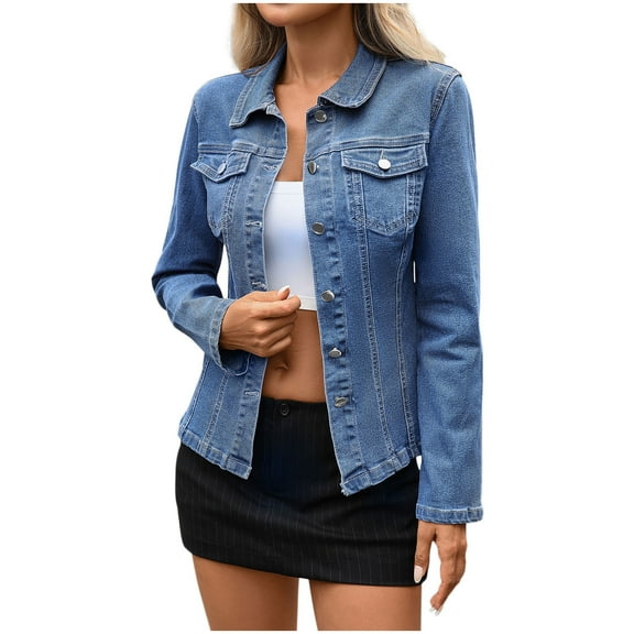 Jean Jacket Women Sevevn Women's Basic Button Down Stretch Fitted Long Sleeves Denim Jean Jacket