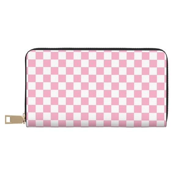 Leather Thin Slim Wallets for Women Men - pink pastel checkered Clutch Card Wallet for Women Men with Zipper