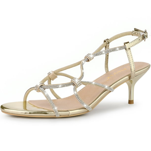 Sandalias de tacón bajo Allegra K con tiras de diamantes de imitación Oro 37