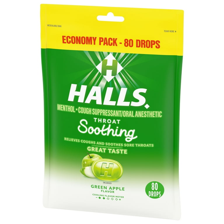 HALLS Throat Soothing Green Apple Cough Drops, Economy Pack, 80