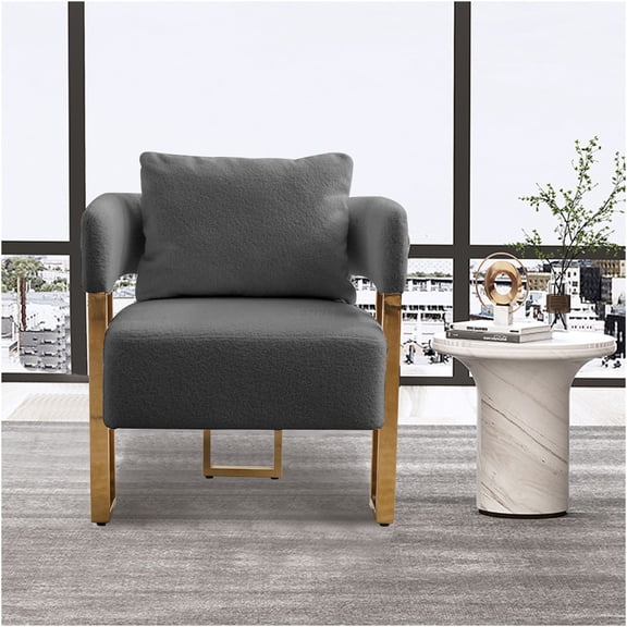 JERFIT Modern Accent Chairs Set of 2, Grey Teddy Fabric Upholstered Side Chairs with Gold Metal Legs for Living Room, Office