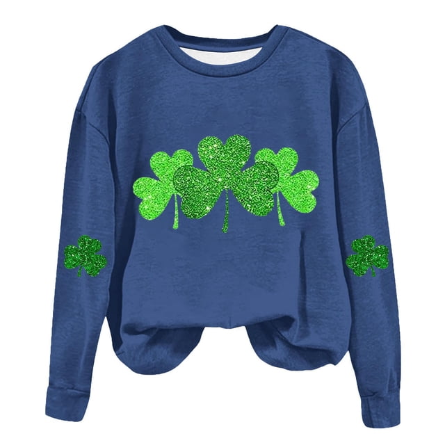 AherBiu Chandails en Molleton de la Saint-Patrick pour Femmes Col Rond Manches Longues Imprimé Trèfle Doublé en Polaire Vêtements de Printemps