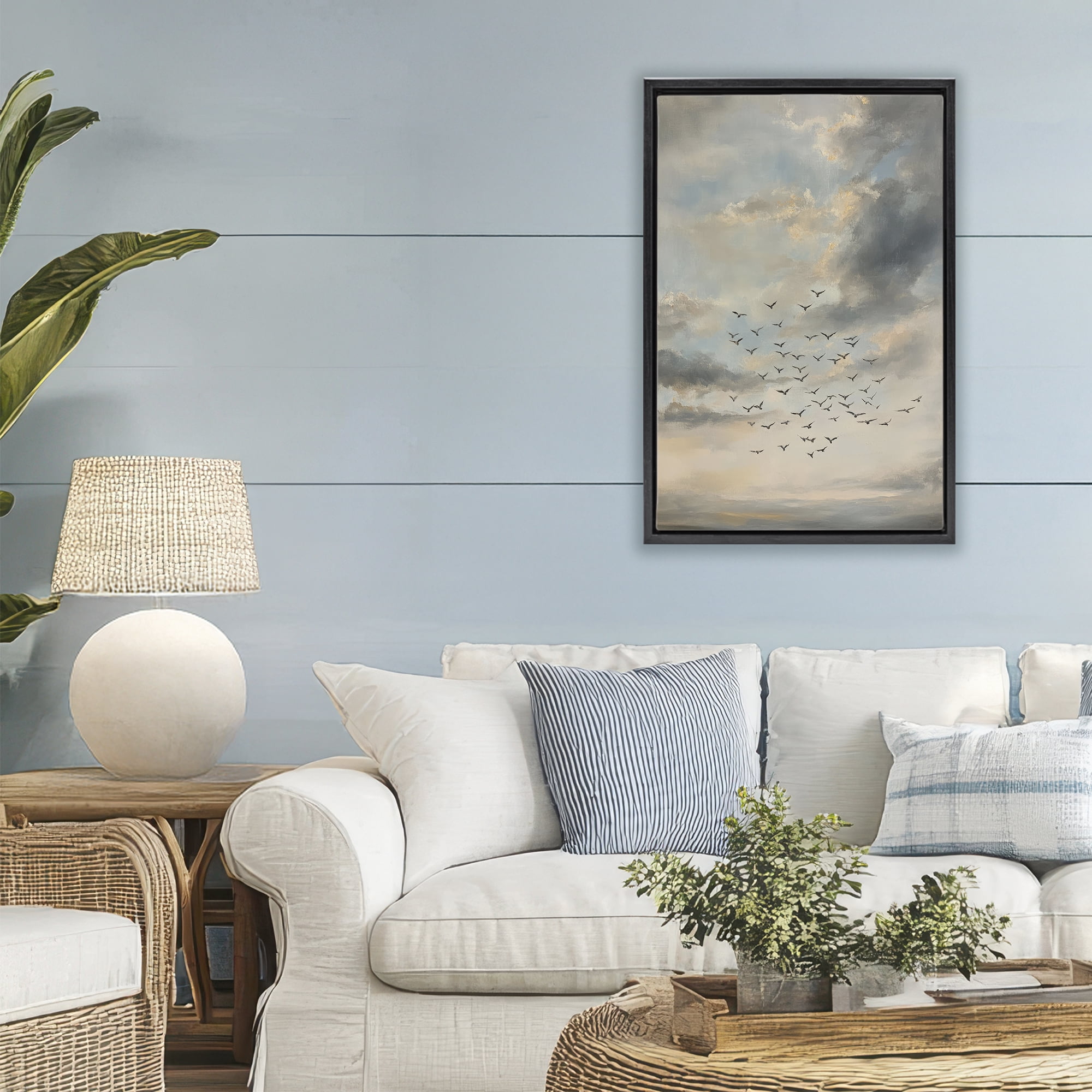Stupell Industries Birds in the Clouds at Dusk Black Framed Floater Canvas Wall Art, design by Petal Prints Design