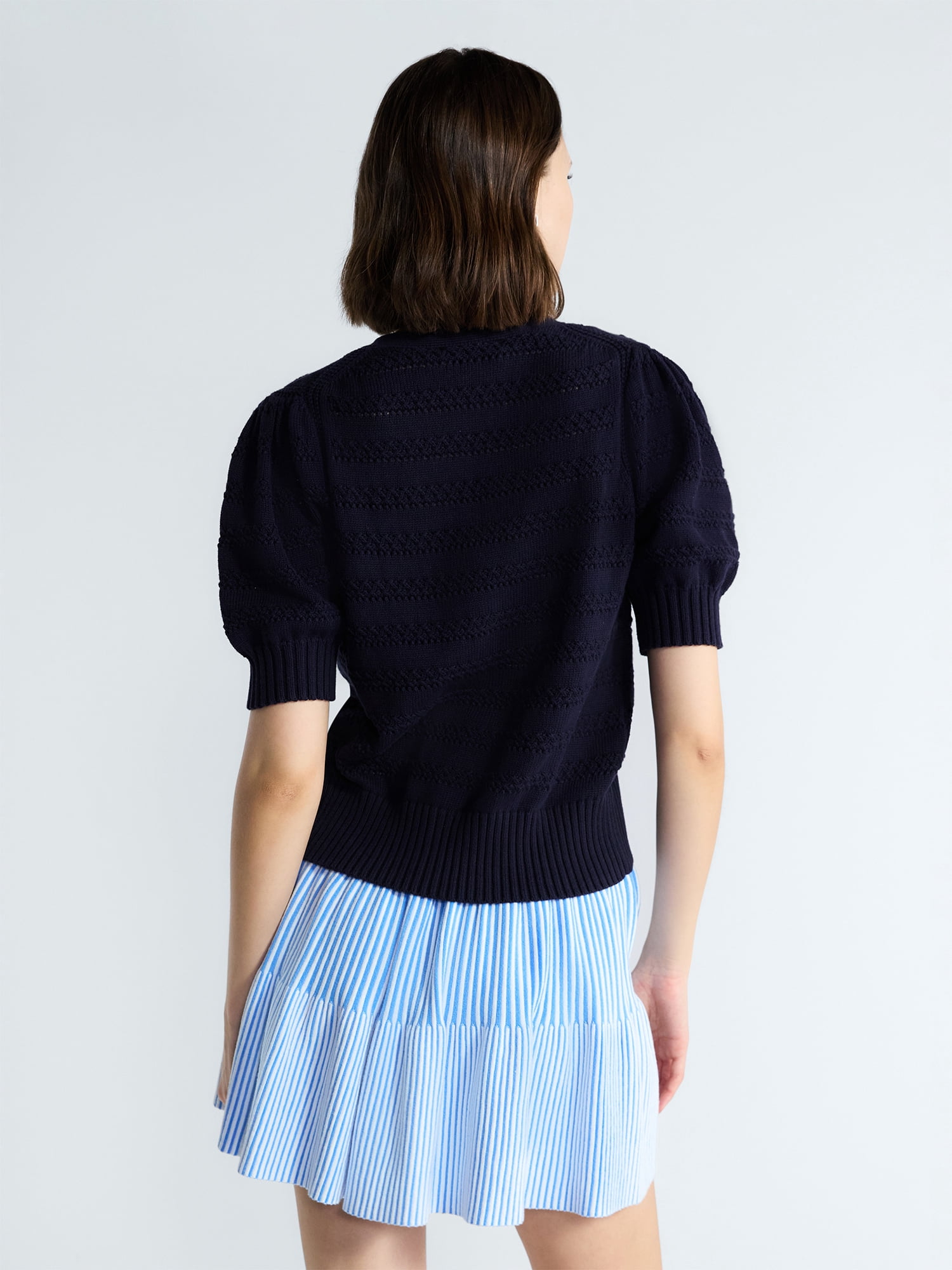 Free Assembly's Women's Cotton Crochet Cardigan Sweater with Puff Sleeves, Sizes XS-4X