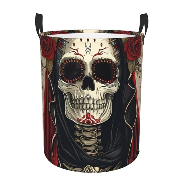 Fotbe Gothic Skull With Roses Cesto de Ropa con Asas, Cesto Impermeable de Gran Capacidad, Bolsa de Lavado para Dormitorio, Cesto de Ropa con Ruedas y Asas-Medium
