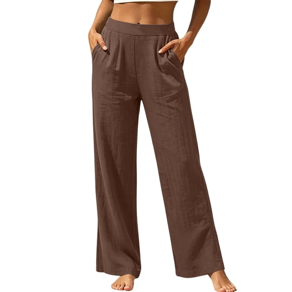 GUACER No Boundarie High Waisted Cotton Linen Pants for Women Flat Front Casual Wide Leg Summer Palazzo Trousers with Pockets