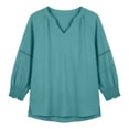 thumbnail image 4 of JOANKDMI Women's Solid Basic Tees V Neck 3/4 Sleeve Tops Casual Loose Fit Shirts Dressy Blouses with Ruched Cuffs Details Fall Fashion Everyday Outfit, 4 of 5