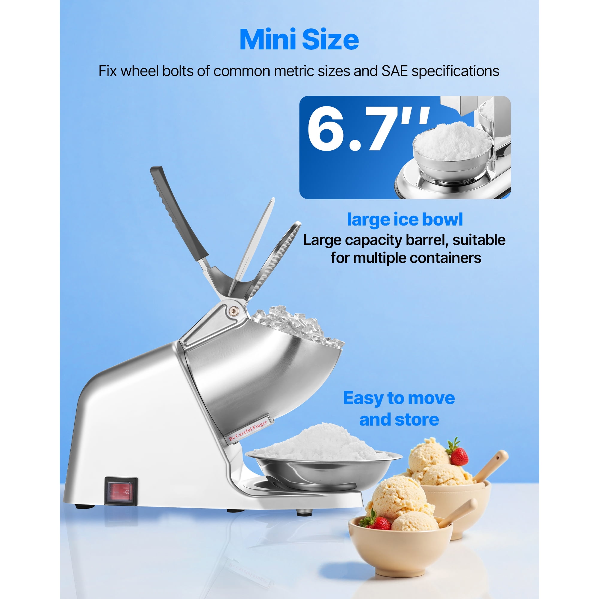 KFFKFF Electric Ice Crusher Machine, 286lbs Per Hour Snow Cone Maker with 4 Blades, Stainless Steel Shaved Ice Machine with Bowl and Cover, 300W 2000RPM Ice-Shaver for Home
