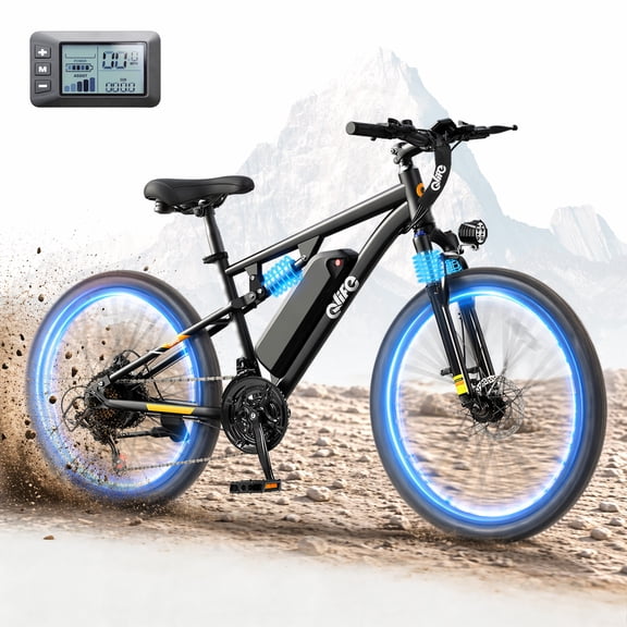 26 Inch Electric Mountain Bike for Adults, 48V 350W Motor, Ebike 28MPH Top Speed, 21-Speed Gears, Full Suspension Electric Bicycle, Black
