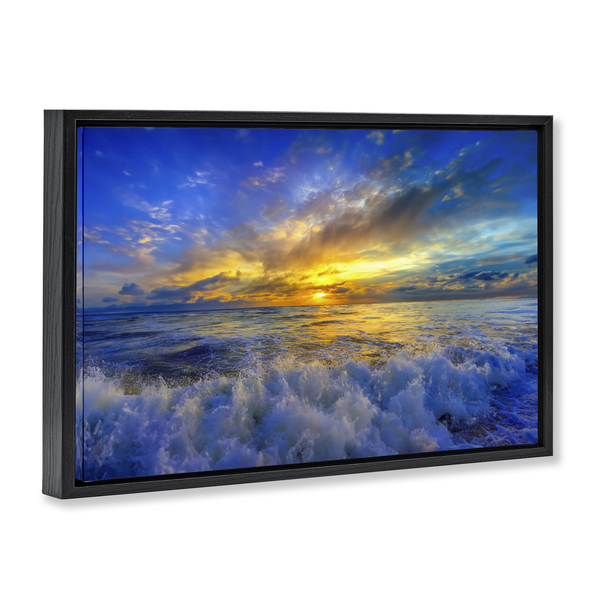 Stupell Industries Golden Blue Sunset over Waves Black Framed Floater Canvas Wall Art, design by Eszra Tanner