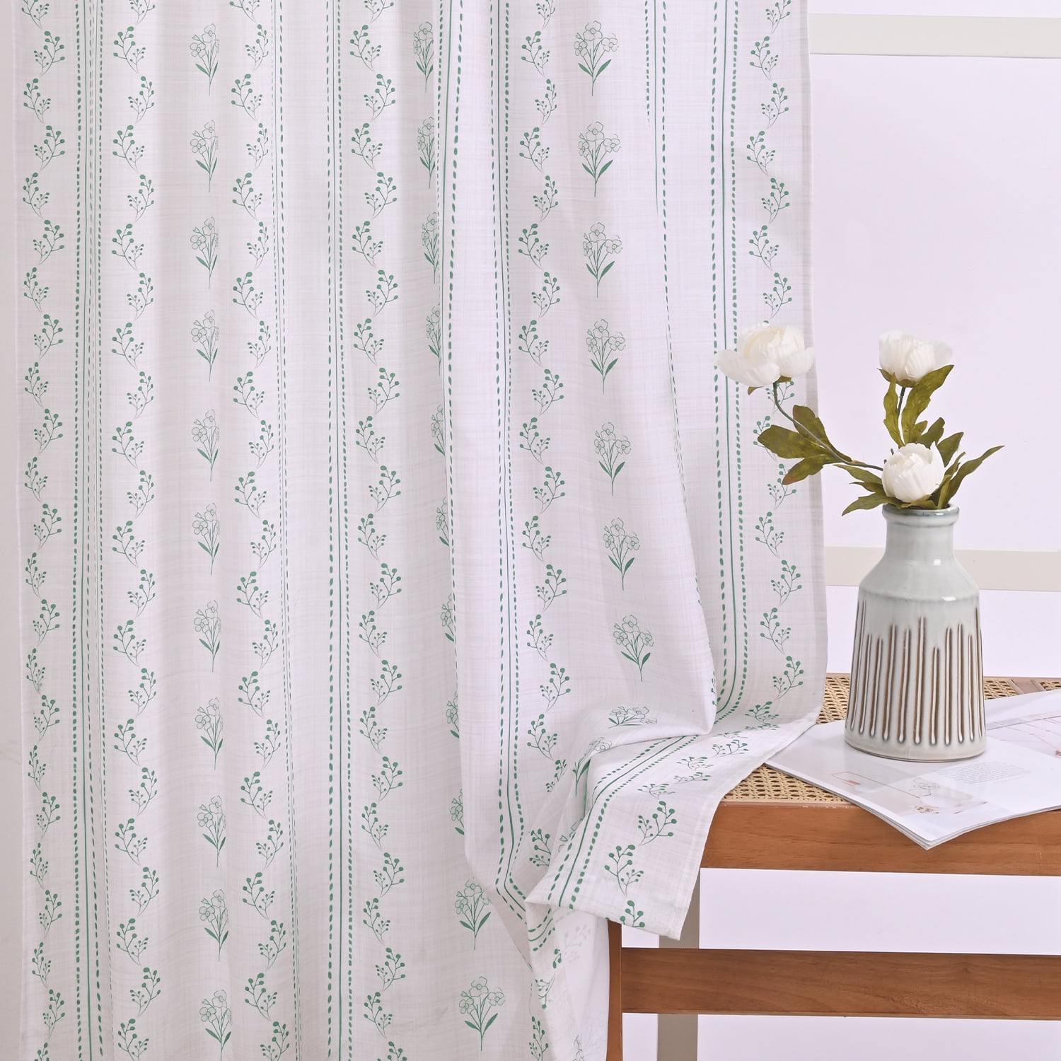 Invoibler Floral Print Curtain Panels, Light Filtering Window Drapes for Bedroom and Living Room, Sage Green, 52" W x 84" L, Set of 2