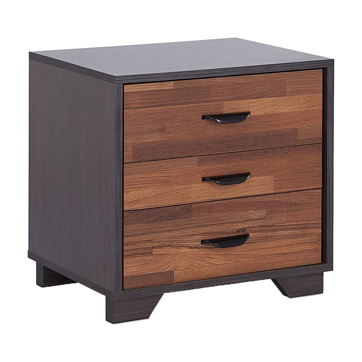 Nightstand with 3 Drawers Walnut and Espresso Two-Tone Finish Particle Board and MDF End Table with Metal Glide Runners for Bedroom or Living Room Rectangular Side Table Storage