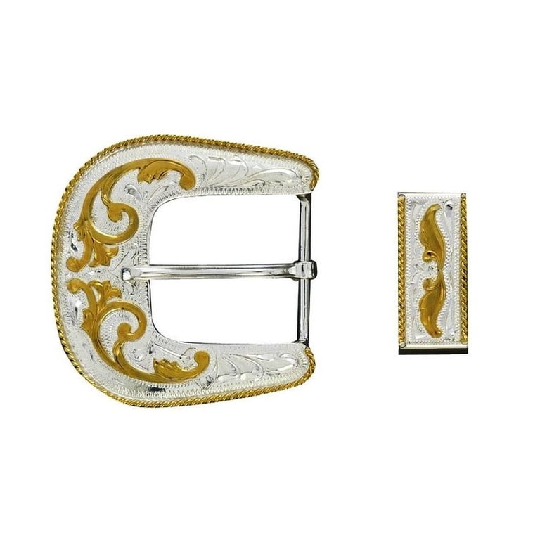 Crumrine Western Belt Buckle 3 pc Set Engraved Silver Gold  display picture 3