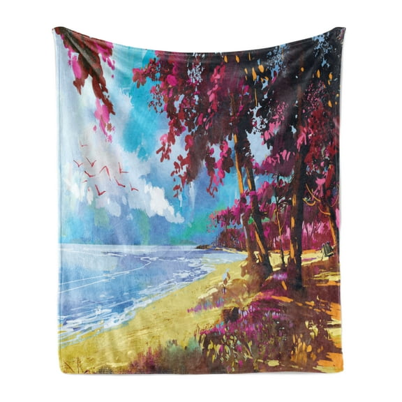 Seascape Soft Flannel Fleece Throw Blanket, Floral Colored Blossom Trees on Tropic Sandy Beach Seascape Summer Print, Cozy Plush for Indoor and Outdoor Use, 50" x 60", Blue Pink Cream, by Ambesonne