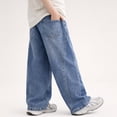 thumbnail image 7 of Duqingm Boy's Baggy Jeans Wide Leg Hip Hop Pants Irregular Sutures Loose Fit Trousers Streetwear (Blue,14-15 Years), 7 of 7