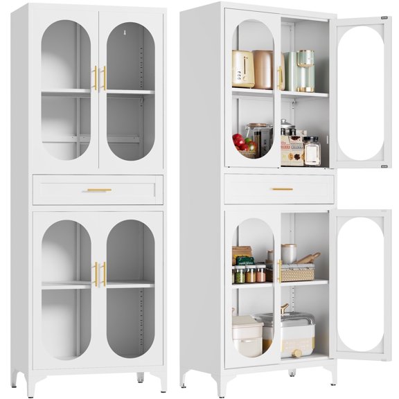 Welfiya 75" H Tall Metal Storage Cabinet,Large Kitchen Pantry Cabinet with 4 Glass Doors and 2 Adjustable Shelves,for Living Room, Dining Room and Office, White