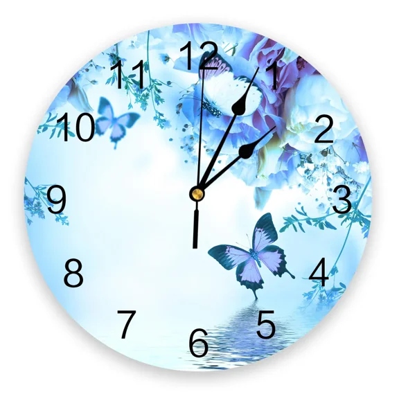 Animal Butterfly Flower Blue Rose Wall Clocks Non Ticking for Girl Boy Bedroom Bathroom Kitchen Living Room Office Round Clock（10 Inch）