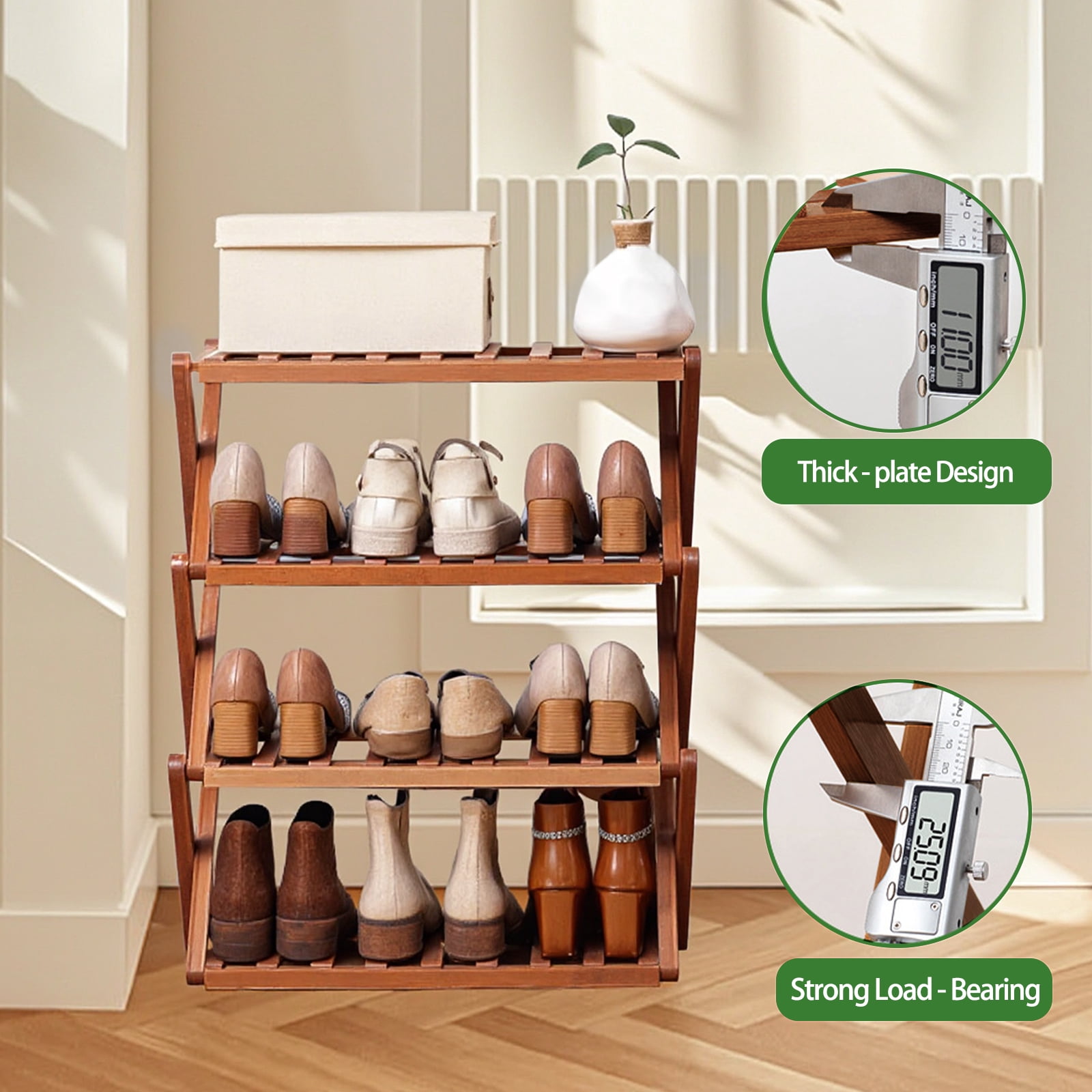 HDUTNGISN 4 Tier Foldable Bamboo Shoe Rack,Tool Free Setup Shoe Organizer, 20x10x22in Entryway Storage,Tawney