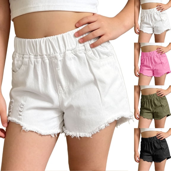 Liyamei Girls Distressed Denim Shorts with Elastic Waist for Summer Play Size 3-11,Black