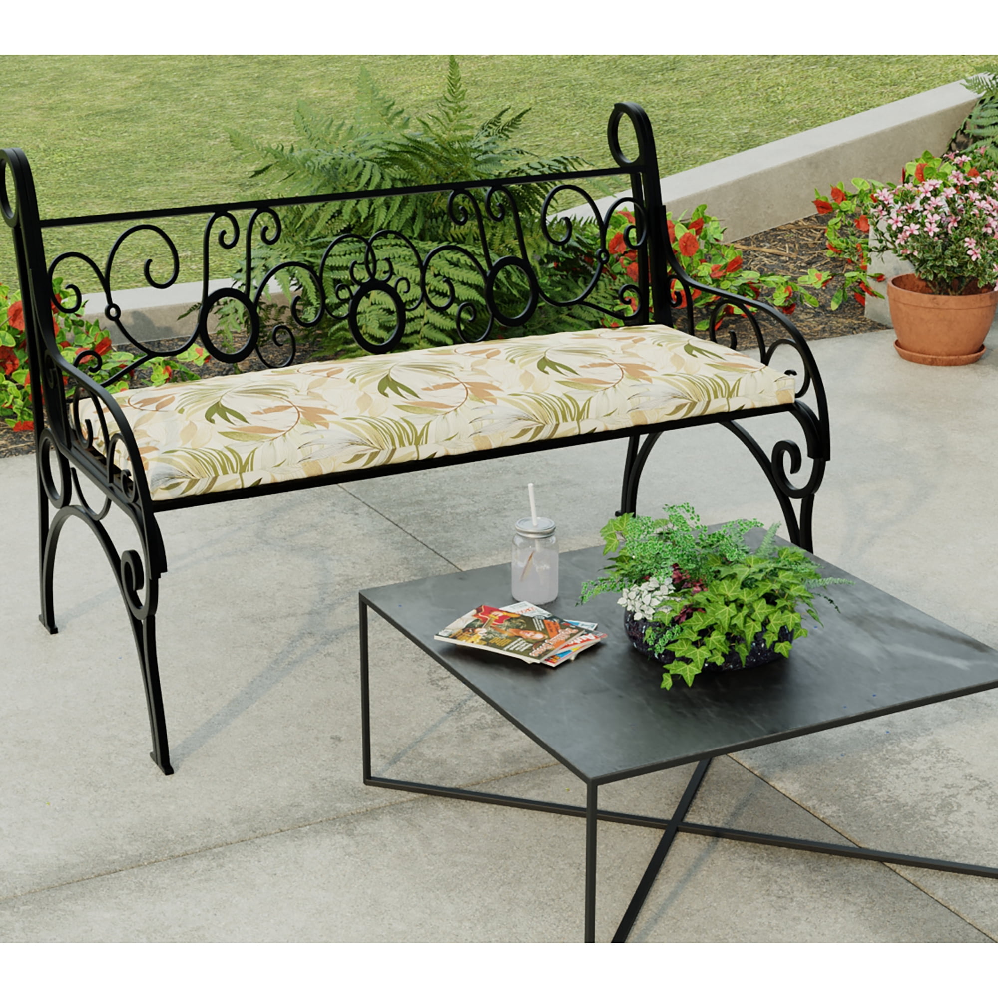 Jordan Manufacturing 48" x 18" Oasis Nutmeg Beige Leaves Rectangular Outdoor Settee Swing Bench Cushion with Ties