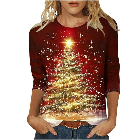 Tqyyweavej Christmas Shirts for Women Cute 3/4 Length Sleeve Tops Dressy Casual Crewneck Sweatshirts Ugly Xmas Sweater Blouses, Christmas Gift for Women